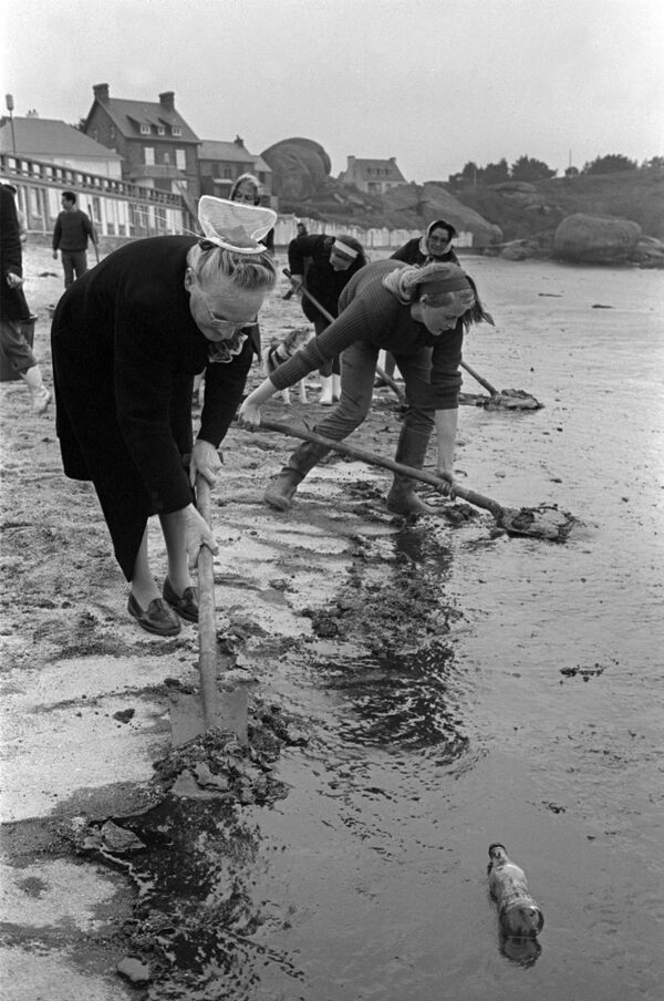 Солдаты и волонтеры ликвидируют последствия разлива нефти на побережье французской Бретани, 1967 год - Sputnik Абхазия
