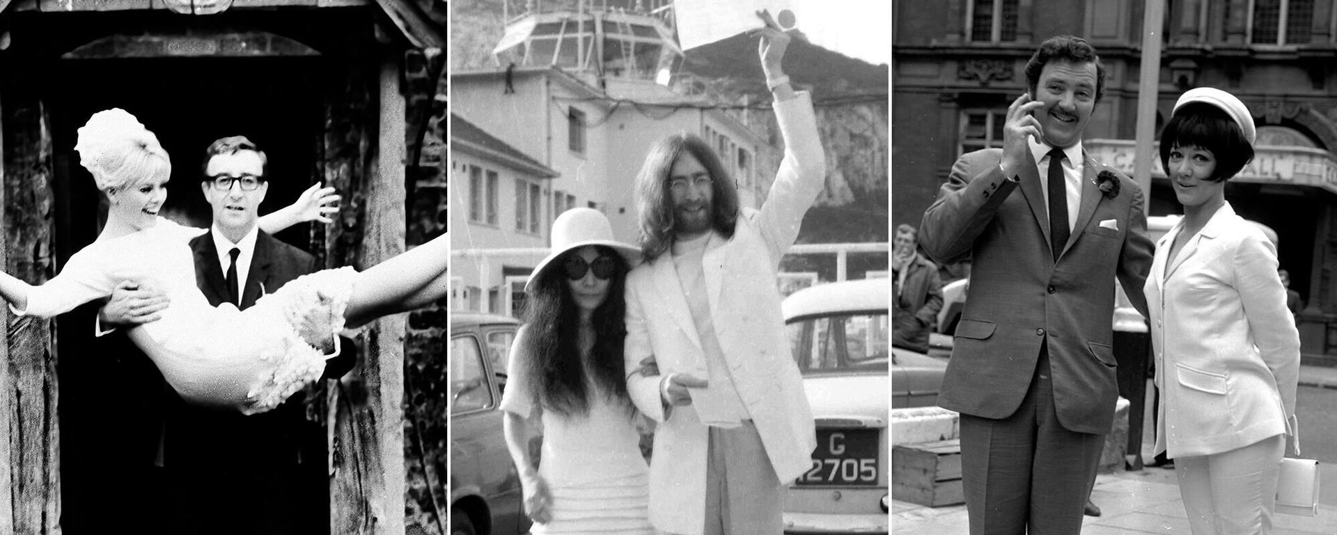 На фото: (слева) Шведская актриса Бритт Экланд с мужем британским актером Питером Селлерсом, 19 февраля 1964 года; (в центре) японская художница Йоко Оно после свадьбы с британским рок-музыкантом и участником группы The Beatles Джоном Ленноном, 20 марта 1969 года; (справа) английская актриса Аманда Барри с мужем актером Робином Хантером, 19 июня 1967 года - Sputnik Абхазия, 1920, 17.09.2020