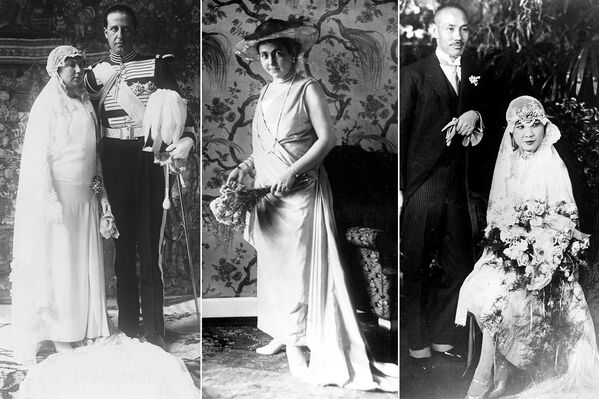 На фото: (слева) принцесса Изабелла Альфонса Бурбон-Сицилийская после свадьбы с польским графом Яном Замойским, 9 марта 1929 года; (в центре) принцесса Гермина Рейсс-Грейцская перед свадьбой с последним германским императором и королем Пруссии Вильгельмом II, 1 ноября 1922 года;  (справа) политический деятель Китая Сун Мэйлин с мужем маршалом и генералиссимусом Чаном Кайши, 1 декабря, 1927 года - Sputnik Абхазия