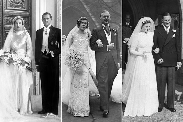 На фото: (слева): принцесса Мария де лас Мерседес Бурбон-Сицилийская с мужем принцем Хуаном, сыном короля Испании Альфонсо XIII, 12 октября 1935 года; (в центре) английская светская львица Нэнси Битон с мужем сэром Хью Смайли, 18 января 1933 года; (справа) мисс Дороти Мэри Деннис после свадьбы с Леном Хаттоном, крикетистом и капитаном сборной Англии, 16 сентября 1939 года - Sputnik Абхазия