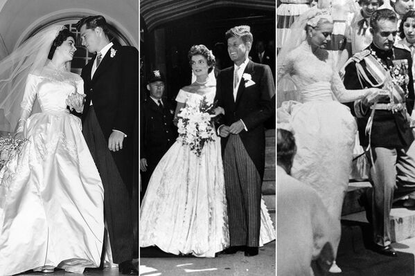 На фото: (слева) Элизабет Тейлор с Конрадом Хилтоном –младшим, 6 мая 1950 года; (в центре) Жаклин Кеннеди (Бувье) с будущим президентом США Джоном Фицджералдом Кеннеди, 12 сентября 1953 года; (справа) актриса Грейс Келли после свадьбы с князем Монако Ренье III, 19 апреля 1956 года - Sputnik Абхазия