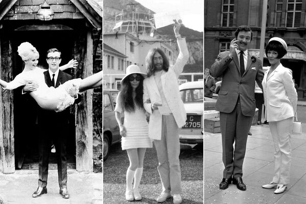 На фото: (слева) Шведская актриса Бритт Экланд с мужем британским актером Питером Селлерсом, 19 февраля 1964 года; (в центре) японская художница Йоко Оно после свадьбы с британским рок-музыкантом и участником группы The Beatles Джоном Ленноном, 20 марта 1969 года; (справа) английская актриса Аманда Барри с мужем актером Робином Хантером, 19 июня 1967 года - Sputnik Абхазия