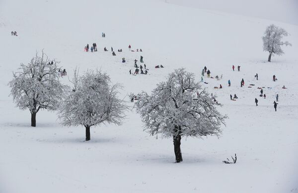 Люди катаются на санках во время первого снегопада в Альбиспассе, Швейцария - Sputnik Абхазия