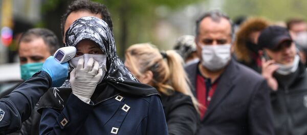 Офицер муниципалитета проверяет температуру людей, пока они ждут входа на рынок симпозиумов в Газиосманпаша в Стамбуле - Sputnik Абхазия