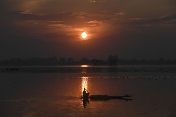 Мужчина в лодке на фоне заката в озере Дал в Шринагаре, Индия - Sputnik Абхазия