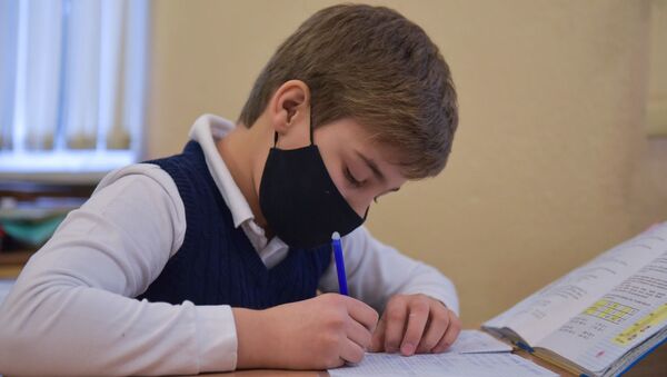 Ученик в защитной маске на уроке  - Sputnik Аҧсны