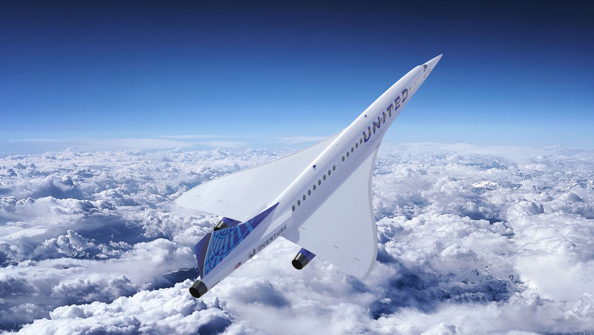 На этом недатированном художественном рендере, выпущенном Boom Supersonic, изображен сверхзвуковой самолет компании с логотипом United Airlines. - Sputnik Абхазия, 1920, 05.06.2021