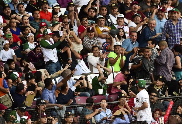 Люди в зале спасаются от бейсбольной биты во время матча Карибской бейсбольной серии на стадионе Томатерос в Кулиакане, штат Синалоа, Мексика,  2017 год - Sputnik Абхазия