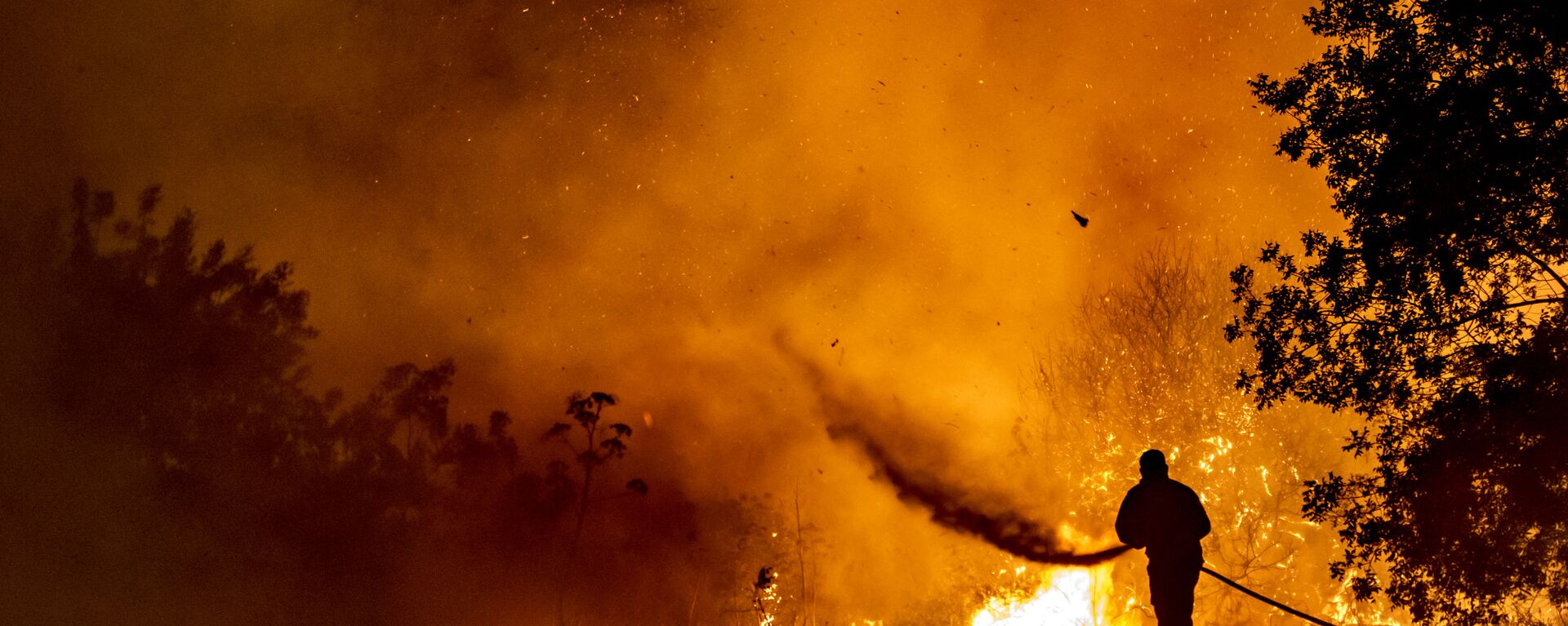 Пожарный борется с пламенем в лесу на склонах горной цепи Троодос, в то время как гигантский пожар бушует на Кипре - Sputnik Аҧсны, 1920, 28.08.2022