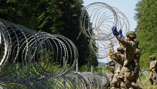 Солдаты литовской армии устанавливают колючую проволоку на границе с Беларусью в Друскининкае, Литва, 9 июля 2021 года - Sputnik Абхазия