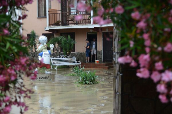 Гости во дворе подтопленной гостинцы неподалеку от реки Кудепста в Хостинском районе Сочи. - Sputnik Абхазия