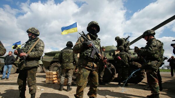 Военнослужащие украинской армии получают боеприпасы на фоне украинского флага в поле на окраине Изюма, Восточная Украина - Sputnik Абхазия