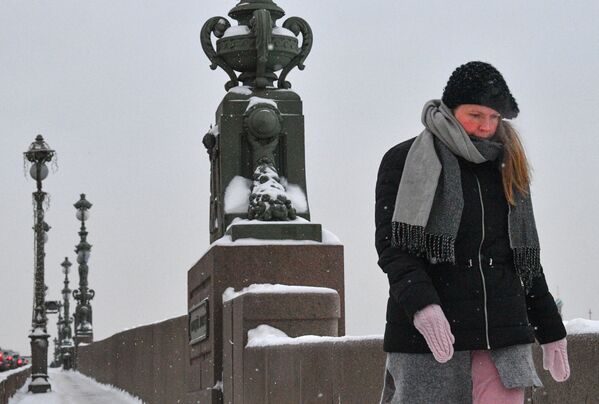 Женщина на Троицком мосту в снегопад в Санкт-Петербурге - Sputnik Абхазия