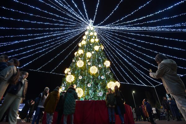 Новогоднее дерево накрыто шатром из гирлянд - Sputnik Абхазия