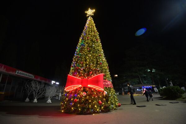В Пицунде в этом году елка с бантом. Главное новогоднее дерево также украшено гирляндами, красными и зелеными шарами. - Sputnik Абхазия