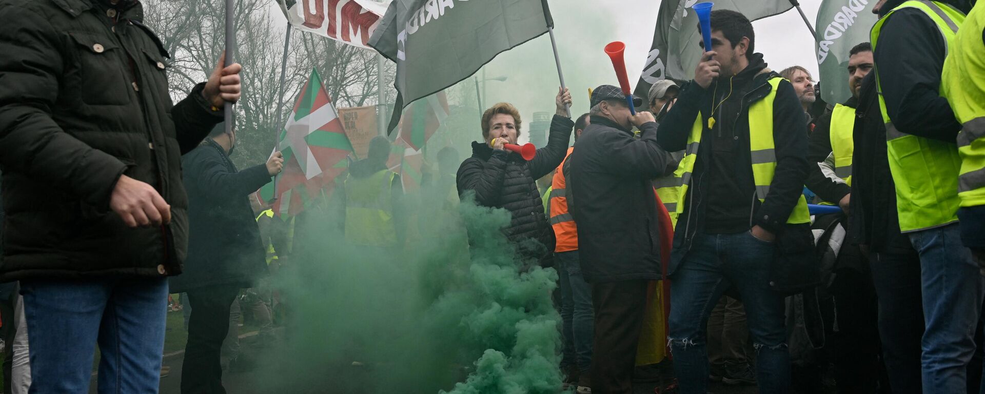 Демонстранты машут профсоюзными флагами Солидаридад во время акции протеста, организованной бастующими перевозчиками против резкого роста цен на топливо в Мадриде - Sputnik Абхазия, 1920, 25.03.2022