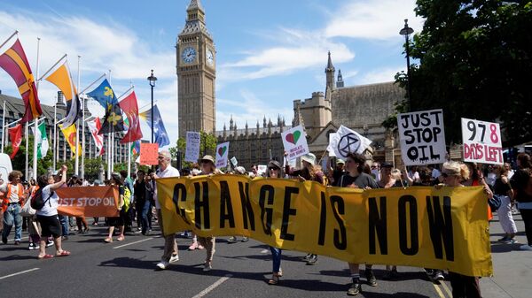 Демонстранты держат плакаты и транспаранты на Парламентской площади в Лондоне - Sputnik Абхазия