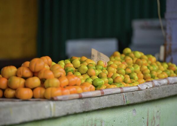 На прилавках появился первый урожай местных мандаринов, еще немного зеленоватых, но уже сладких. - Sputnik Абхазия