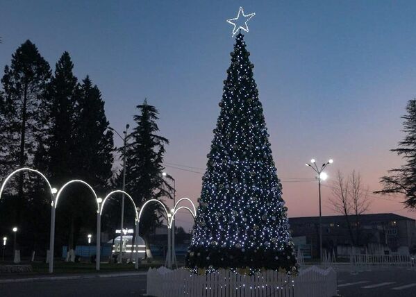 Новогоднее дерево в Гале поставили на площади перед Домом культуры. Его украсили гирляндами, а на макушке установили большую светящуюся звезду. - Sputnik Абхазия