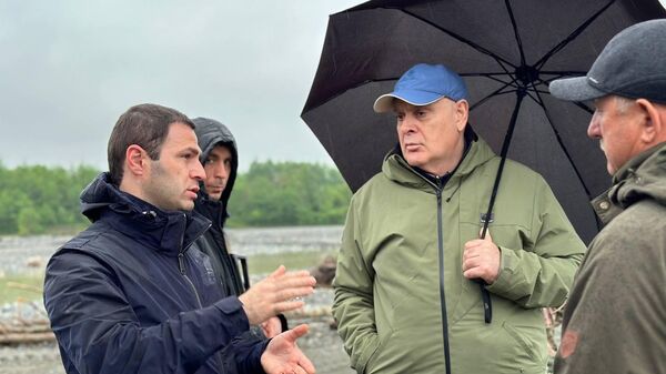 Президент Абхазии Аслан Бжания  посетил место проведения берегоукрепительных работ на реке Кодор - Sputnik Аҧсны