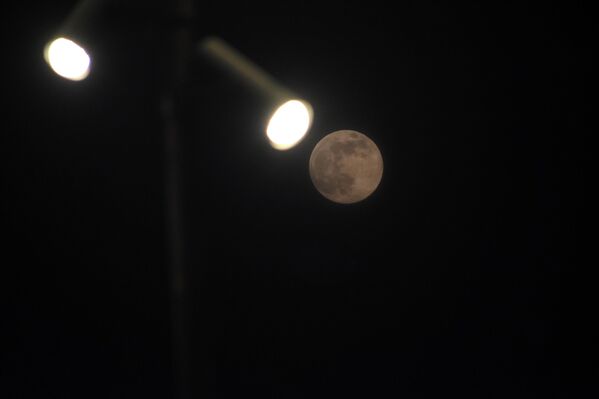 Последняя сверхлуна, также известная как &quot;Холодная Луна&quot;, восходит за уличными фонарями в Сринагаре, Кашмир, Индия - Sputnik Абхазия