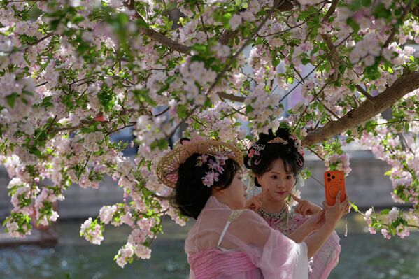 Женщины в традиционных костюмах делают селфи на фоне цветущей вишни.  - Sputnik Абхазия