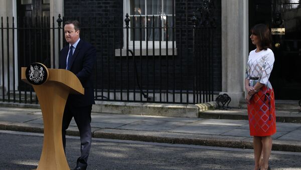 Премьер-министр Великобритании Дэвид Кэмерон говорит с прессой в окружении своей жены в центре Лондона 24 июня 2016 года. - Sputnik Абхазия