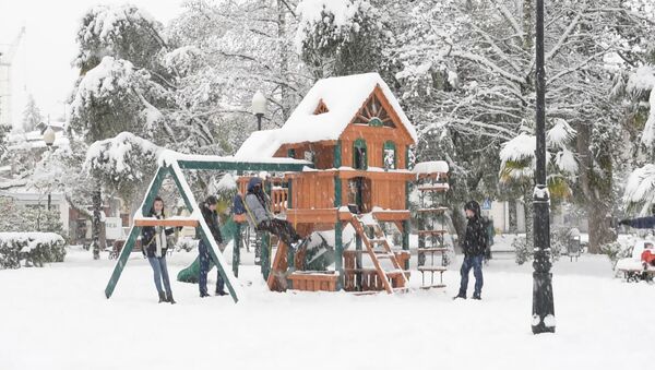 Белый Сухум: под снегом машины, пальмы, дети - Sputnik Абхазия