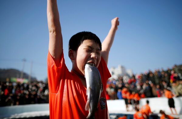 Мальчик, поймавший собственными руками форель, на празднике в поддержку грядущего Ледяного фестиваля в южнокорейском городе Хвачхон - Sputnik Абхазия