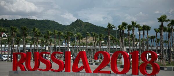 Инсталляции Russia 2018 у железнодорожного вокзала Имеретинский курорт в Олимпийским парке в Сочи. Инсталляции Russia 2018 у железнодорожного вокзала Имеретинский курорт в Олимпийским парке в Сочи. - Sputnik Абхазия