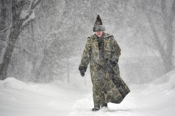 Молодой человек в историческом костюме во время снегопада на территории музея-заповедника Коломенское - Sputnik Абхазия