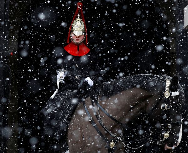 Гвардеец во время снегопада на Королевском Конном параде в Лондоне - Sputnik Абхазия