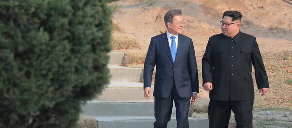 Глава Северной Кореи Ким Чен Ун и президент Южной Кореи Луна Чжэ-ин после церемонии посадки деревьев в деревне Панмунджом Глава Северной Кореи Ким Чен Ун и президент Южной Кореи Луна Чжэ-ин после церемонии посадки деревьев в деревне Панмунджом - Sputnik Аҧсны