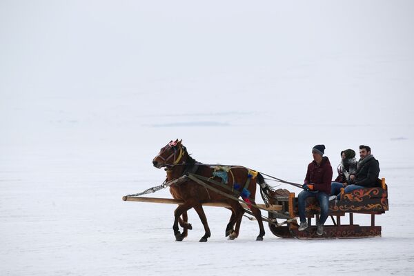 Конная упряжь едет по замерзшему озеру Чилдыр в провинции Карс, Турция - Sputnik Абхазия