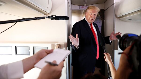 Президент США Дональд Трамп во время общения с журналистами на борту самолета - Sputnik Абхазия