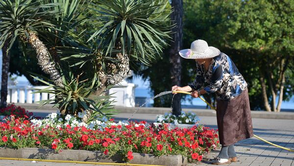Бабушка поливает цветы на сухумской набережной - Sputnik Абхазия