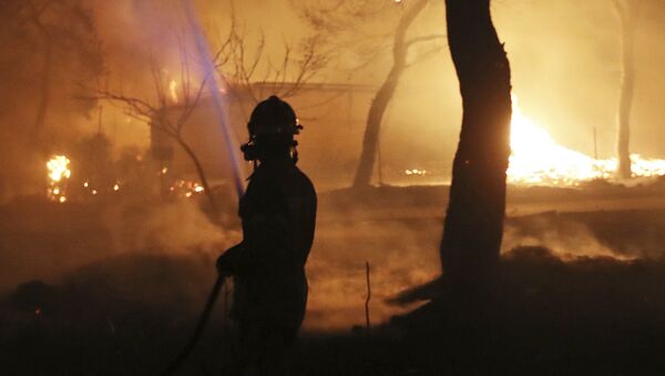 Пожарный в зоне лесного пожара к востоку от Афин - Sputnik Абхазия