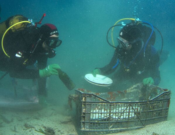 Дайверы поднимают тарелки и бутылки, найденные на дне Саронического залива вблизи Афин - Sputnik Абхазия