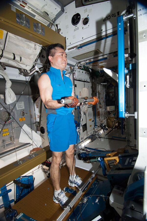Японский астронавт Коити Ваката во время занятия спортом на борту МКС  - Sputnik Абхазия