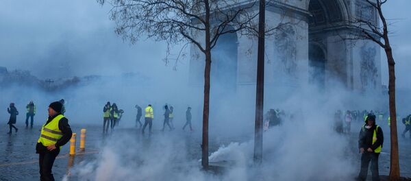 Участники протестной акции движения автомобилистов желтые жилеты, выступавшего с требованием снижения налогов на топливо, в районе Триумфальной арки в Париже Участники протестной акции движения автомобилистов желтые жилеты, выступавшего с требованием снижения налогов на топливо, в районе Триумфальной арки в Париже - Sputnik Абхазия