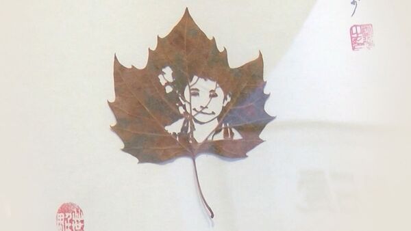 Китаянка вырезает картины на опавших листьях  Копирайт: RUPTLY - Sputnik Абхазия
