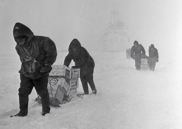 Зимовщики везут сани с грузом от причала научной обсерватории Мирный  в Антарктиде - Sputnik Абхазия