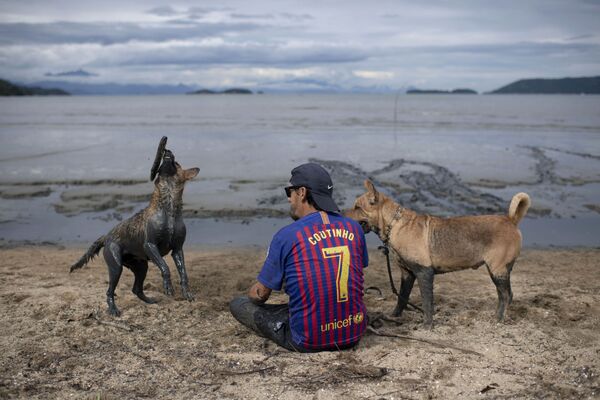 Мужчина с собаками на  грязевом карнавале Bloco da Lama в Бразилии  - Sputnik Абхазия