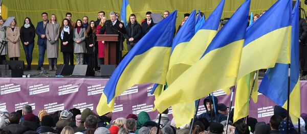 Президент Украины Петр Порошенко (C) выступает с речью перед сторонниками во время предвыборного митинга в Киеве 17 марта 2019 года Президент Украины Петр Порошенко (C) выступает с речью перед сторонниками во время предвыборного митинга в Киеве 17 марта 2019 года - Sputnik Абхазия
