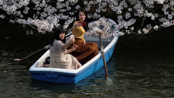 Девушки делают селфи на лодке в ветках цветущей сакуры в Токио  - Sputnik Абхазия