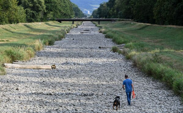 Человек гуляет со своей собакой по пересохшему руслу реки Драйзам - Sputnik Абхазия