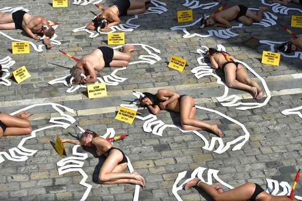 Активисты, выступающие за права животных, лежат на земле во время акции протеста против боя быков и быков накануне праздника Сан-Фермин, Испания - Sputnik Абхазия