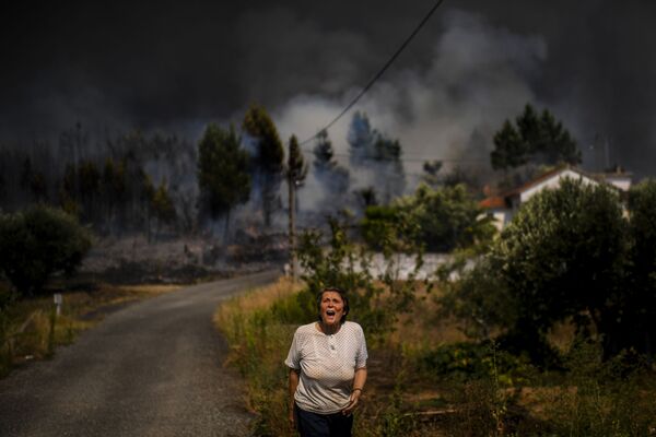 Кричащая женщина на фоне лесных пожаров, перекинувшихся на жилые дома в португальской деревне Casas da Ribeira - Sputnik Абхазия
