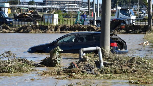 Автомобиль стоит на территории, затопленной в результате тайфуна Хагибис в Хигаси-мацуяме, префектура Сайтама, Япония - Sputnik Абхазия