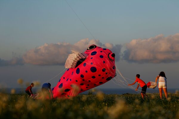 Дети запускают воздушного змея во время международного фестиваля воздушных змеев на Мальте - Sputnik Абхазия